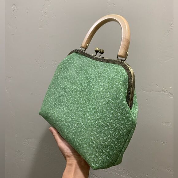 Handmade Genuine Nubuck Leather Embossed Wood Handle Kiss-lock Satchel Bag - Picture 10 of 13